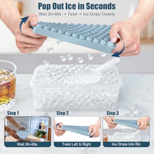 Mini Pebble Ice Cube Trays with Lid and Storage Bin - 2 Pack with Scoop