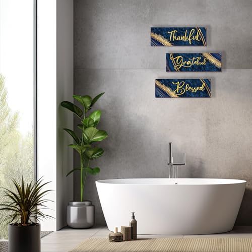 3-Piece Blue and Gold Wall Decor - Thankful Grateful Blessed Art Set