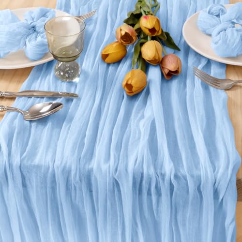 Light Blue Cheesecloth Table Runner, 35x120 Inch Boho Gauze Table Decor