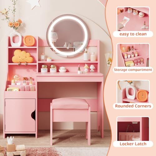 Kids Vanity Table and Chair Set with Lights, Storage Shelves and Mirror