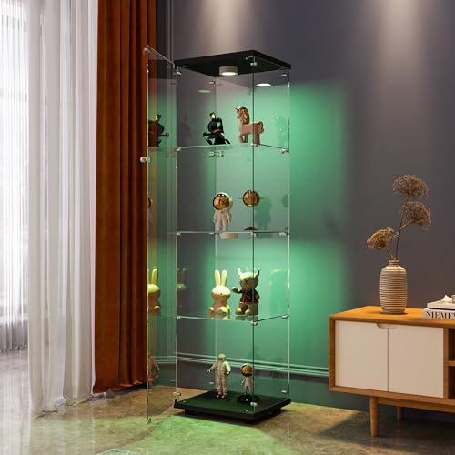 4-Tier Glass Display Cabinet with LED Lights and Tempered Glass Doors