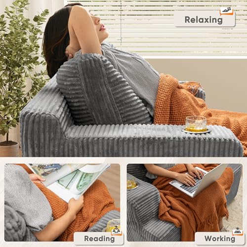 Oversized Corduroy Chaise Lounge Chair with Cup Holders and Deep Seat