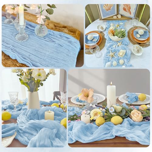 12 Pack Baby Blue Cheesecloth Table Runners, 17x108 Inch Boho Gauze Fabric