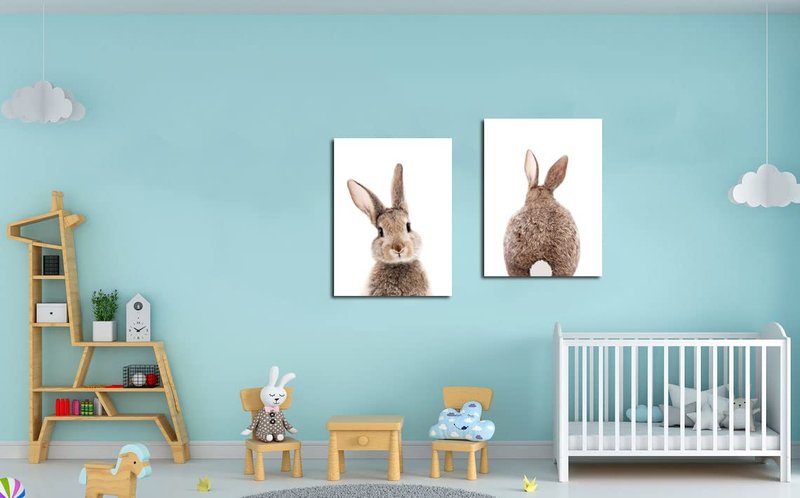 Mokihidream Nursery Wall Art Bunny Rabbit Canvas Print Wall Decor Woodland Animal Posters Kids Room Set of 2 Bedroom Decoration Bunny Rabbit Pictures Framed Wall Art