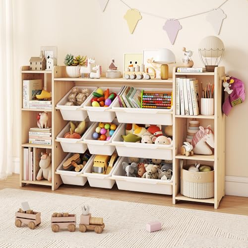 Solid Wood Kids Toy Storage Organizer with Bookshelf, 9 Bins & 6 Hooks