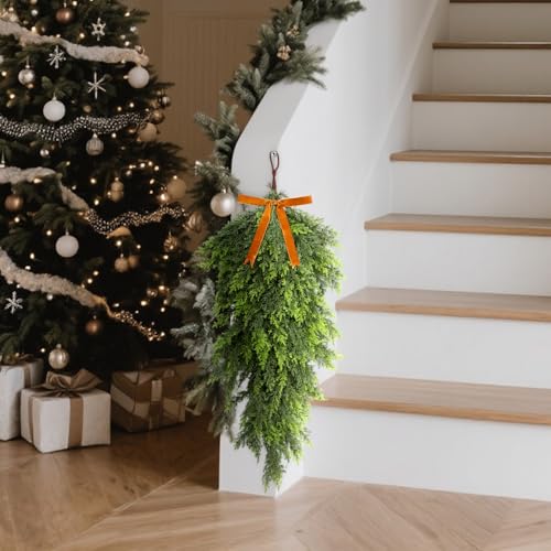 27-Inch Artificial Cedar Christmas Teardrop Swag with Bow for Front Door