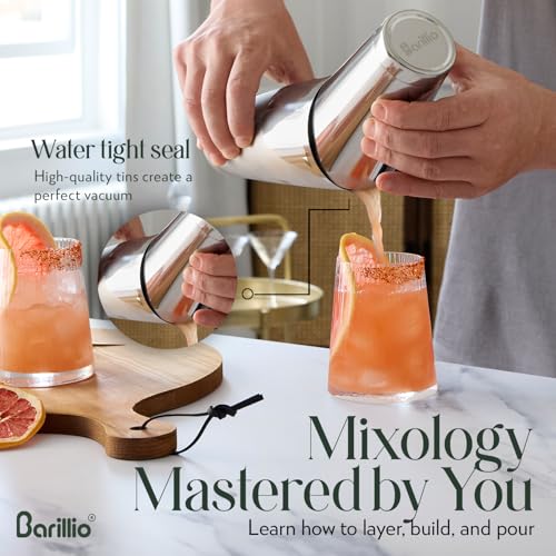 Barillio Silver Weighted Boston Cocktail Shaker Set with Strainer & Accessories - 9-Piece Bar Tool Kit for Home Mixology