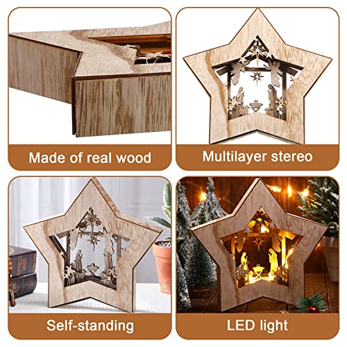 LED Wooden Nativity Scene Star Ornament - Rustic Tabletop Christmas Display