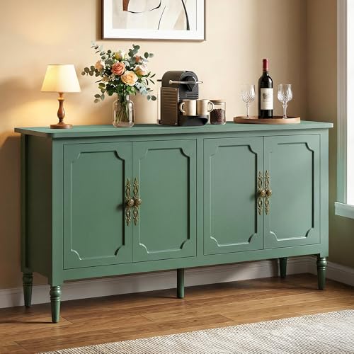 59-Inch Mid-Century Modern Buffet Cabinet with Adjustable Shelves - Forest Green