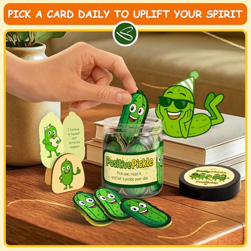 Positive Pickle Jar with 60 Affirmation Cards and Wooden Display Stand