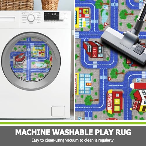 Kids City Road Playmat - 5' x 6'6" Washable Non-Slip Car Track Area Rug