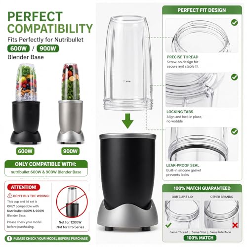 Kucall Replacement Cups with Lids for Nutribullet 600W & 900W Blender - Standard, 4-Piece Set