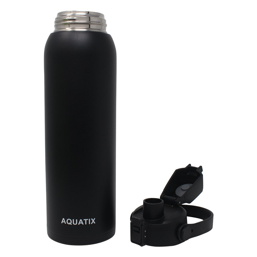 New Aquatix (Black, 32 Ounce) Pure Stainless Steel Double Wall Vacuum Insulated Sports Water Bottle Convenient Flip Top Cap with Removable Strap Handle - Keeps Drinks Cold 24 hr/Hot 6 hr