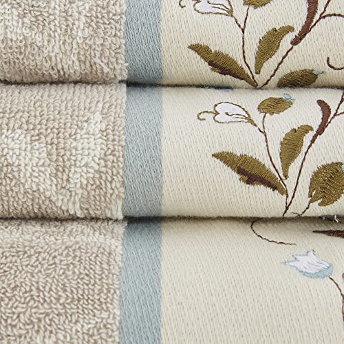6-Piece Floral Embroidered Cotton Jacquard Bath Towel Set, Blue