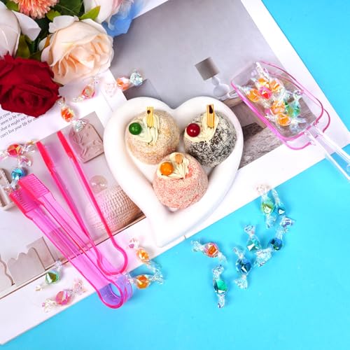 Hmxpls 12Pcs Clear Pink Plastic Ice Tongs & Scoops Set for Food & Candy Buffets