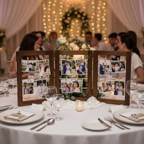 Rustic 3-Panel Wooden Photo Display Board with 60 Clips, 14 x 30 Inch