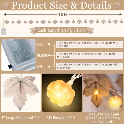 LED Fall Garland with 3D Pumpkin Lights - 2 Pack 20FT Thanksgiving Decor