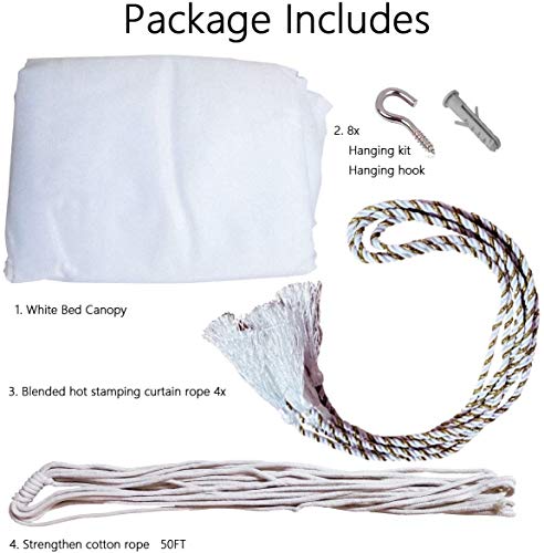 White Bed Canopy Mosquito Net - 4-Post Canopy Curtains for Full Queen King Beds