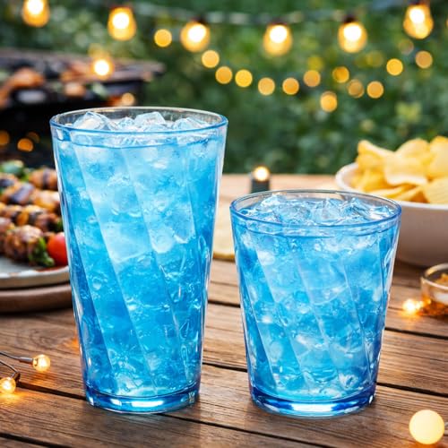 LemonRoad 12 Pack Reusable Plastic Drinking Glasses Set - Blue, 20oz & 13.5oz