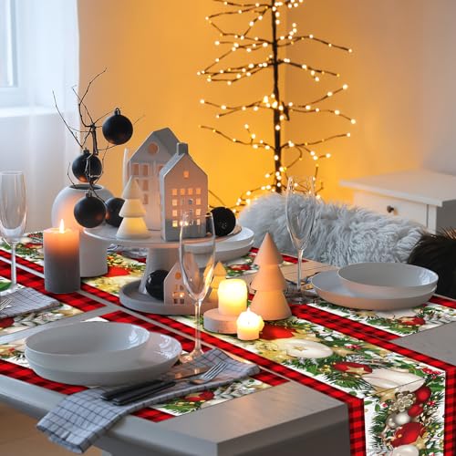 VitalCozy Christmas Buffalo Plaid Table Runner & 6 Placemats Set - Holiday Decor