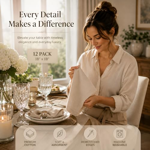 Linen Blend Cloth Dinner Napkins 18x18 - Set of 12 Hemstitched Table Napkins