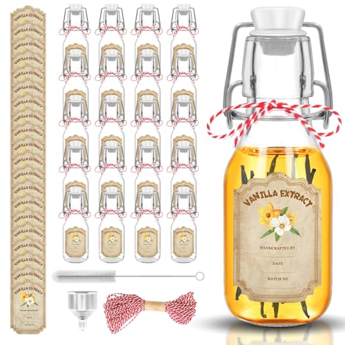 Round 4oz Swing Top Glass Vanilla Extract Bottles 20 Pack with Lids, Labels & Funnel (NVioAsport) - 4 oz