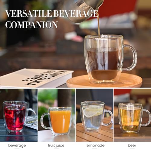 YUNCANG 4-Pack Double Wall 16oz Glass Coffee Mugs - Heat-Resistant, Clear with Handle