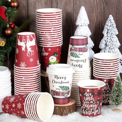200 Pcs Christmas Paper Cups with Lids - 12 oz Snowflake Snowman Elk Design
