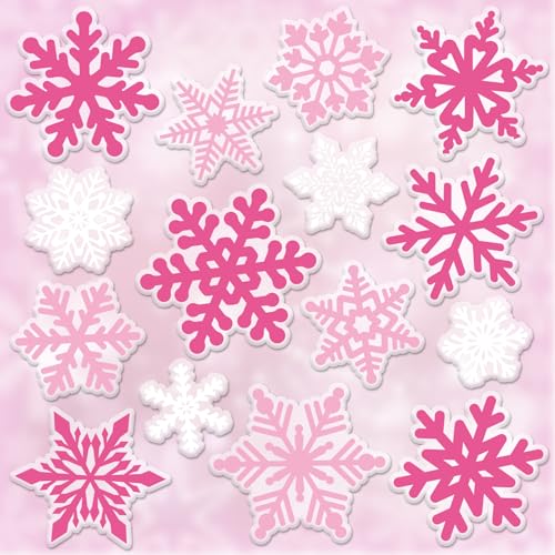 Whaline 30Pcs Pink White Snowflake Thick Gel Clings Christmas Winter Window Gel Decals for Xmas Winter Party Home School Office Decor