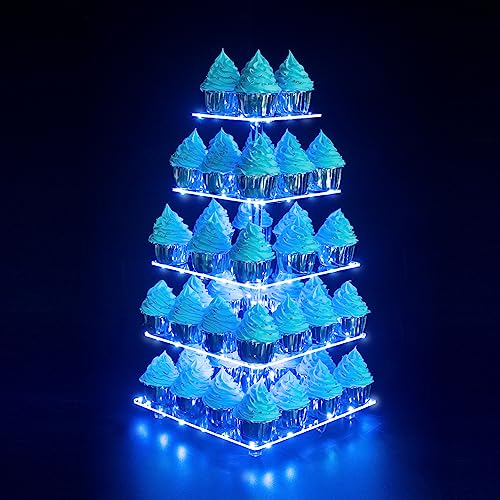 OLACHIKKO Blue 5-Tier Square Cupcake Stand with LED Light String - Wedding & Party Dessert Tower