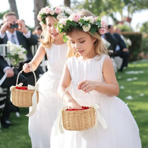 Hand-Woven Rattan Flower Girl Basket with Pearl Handle and Satin Bows