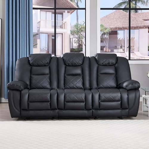 3-Seat Faux Leather Manual Reclining Sofa, Black Overstuffed Living Room Couch