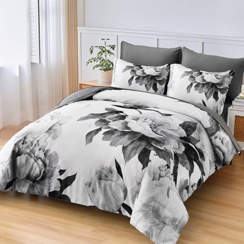Grey Floral Queen Comforter Set - 7-Piece Soft Microfiber Bed in a Bag