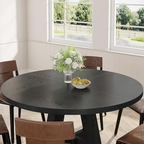 47-Inch Round Wooden Dining Table, Black Kitchen Table with Cross Base