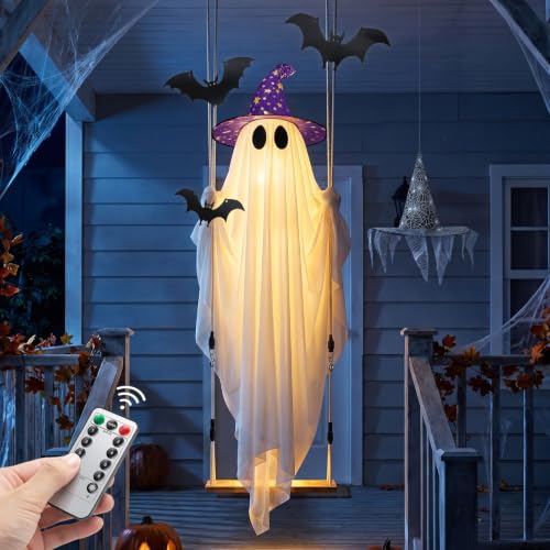 11 FT Light-Up Hanging Ghost Outdoor Halloween Decor with Swing & Bats