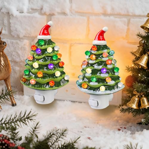 IKSII 2 Pack Ceramic Christmas Tree Night Lights, 6.3" Plug-In, 360° Swivel, Vintage Nostalgic Warm White Light
