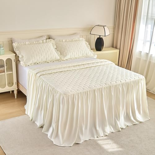 Queen Size Ruffled Bed Skirt Set with 30" Drop – Beige