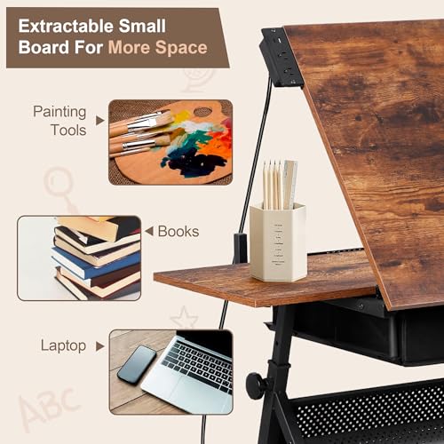 Adjustable Drafting Table with Stool, Tilting Art Desk with Storage Drawers