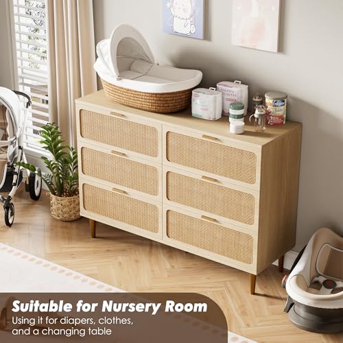 6-Drawer Wood Dresser with Natural Rattan Doors, Large Bedroom Chest