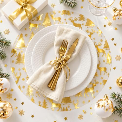 APUDWN 200 Pcs Christmas Mesh Placemat 13" Round Gold Reindeer (Variation: Christmas gold / 200)