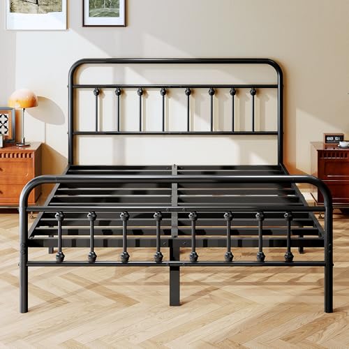 Queen Size Metal Platform Bed Frame with Headboard and Footboard, Black