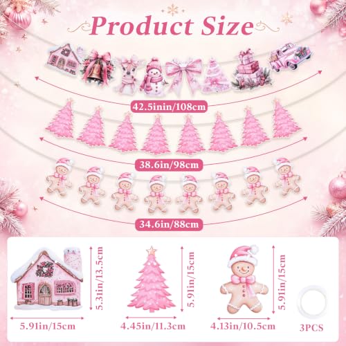 Pink Christmas Banner Set - 16.4 ft Long Gingerbread & Tree Decor