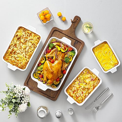 Rectangular Ceramic Baking Dish Set of 4 - White Casserole Pans with Handles