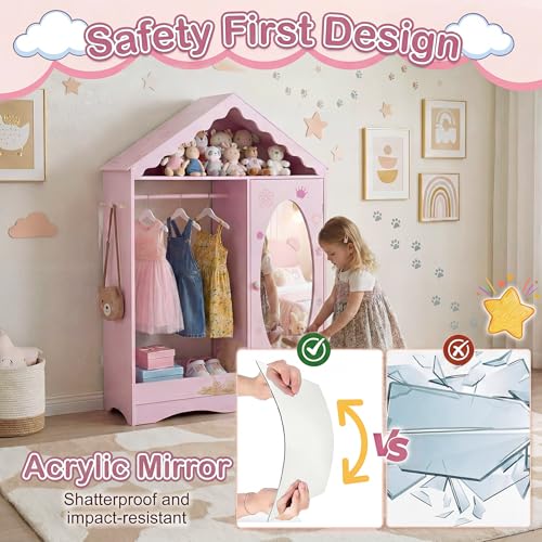Kids Dress Up Storage Wardrobe with Mirror, Rooftop Closet Organizer for Girls
