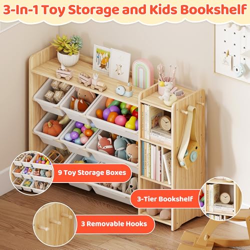 Kids Toy Storage Organizer with Bookshelf, 9 Bins and Hooks, White