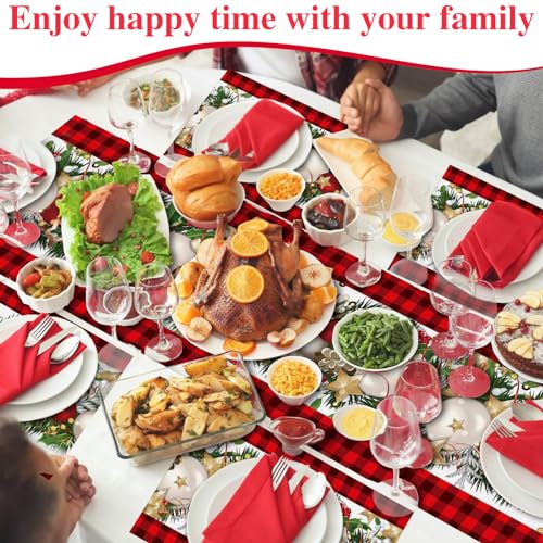 VitalCozy Christmas Buffalo Plaid Table Runner & 6 Placemats Set - Holiday Decor
