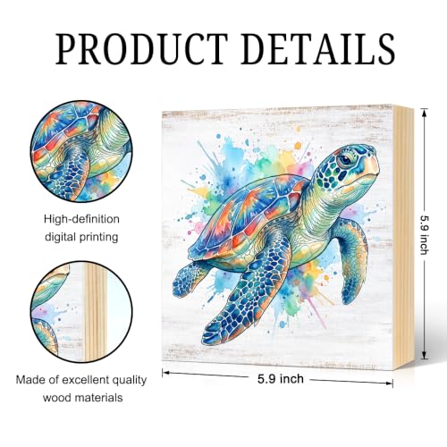 Colorful Sea Turtle Coastal Wood Block Plaque Box Sign - 5.9 x 5.9 inches, White