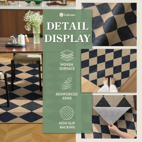 Checkered Jute-Look Area Rug 3x5, Washable Non-Slip Farmhouse Entryway Mat