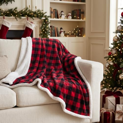 BEDELITE Red & Black Buffalo Plaid Sherpa Throw Blanket 50x60 | Reversible Flannel