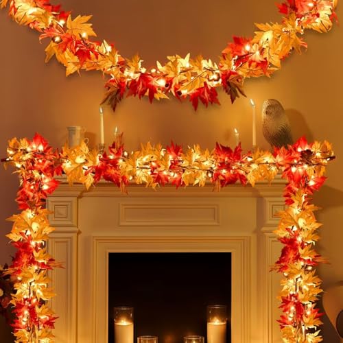 9ft Lit Fall Leaves Garland with 50 Bulbs - Plug-In Autumn Mantle Decor